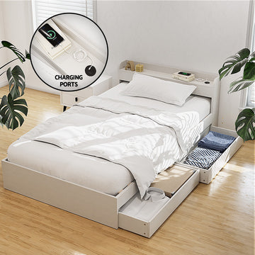 Artiss Aura Storage Bed Frame Single White USB Charging