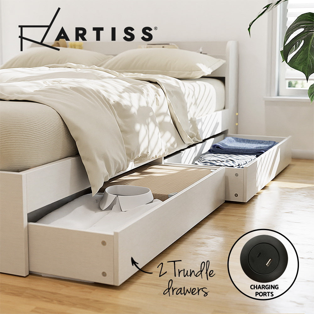 Artiss Aura Storage Bed Frame Single White USB Charging