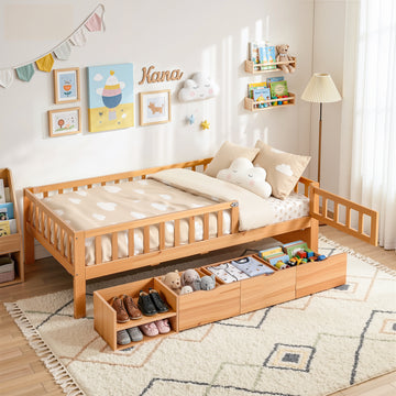 Artiss Kids Montessori Bed Frame Single with 3 Storage Drawers Natural