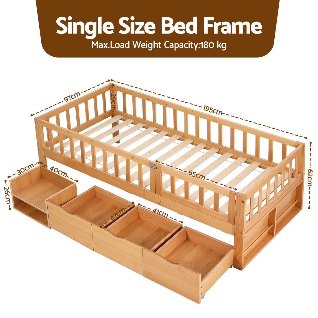Artiss Kids Montessori Bed Frame Single with 3 Storage Drawers Natural