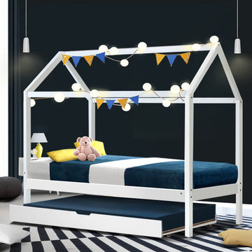 Artiss Kids House Bed Frame with Trundle Solid Pine Wood White