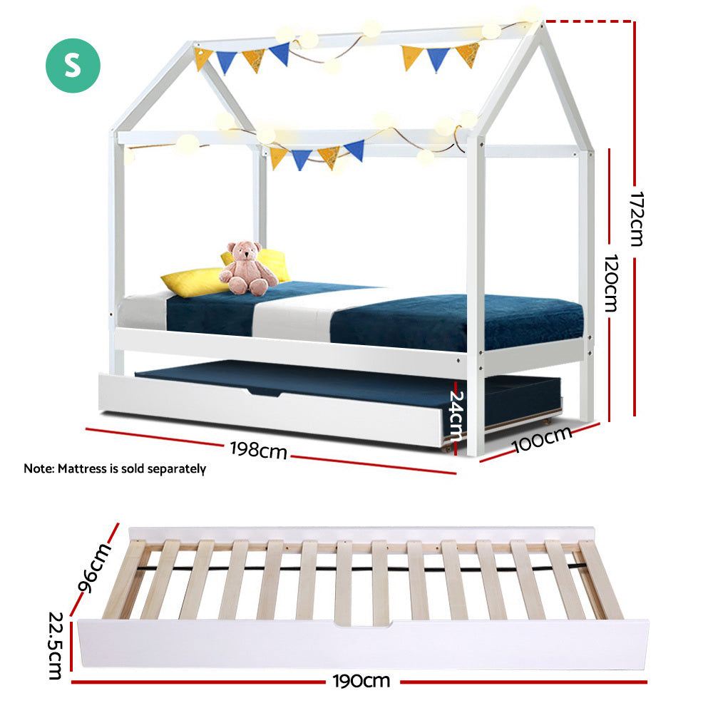 Artiss Kids House Bed Frame with Trundle Solid Pine Wood White