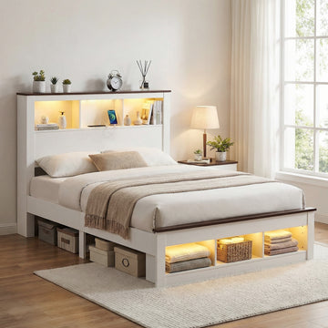 Artiss Queen Wooden Platform Bed Frame Bookcase Headboard White LED Charging