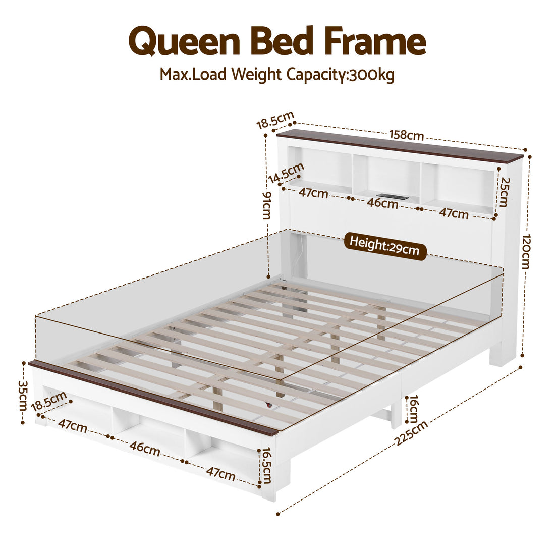 Artiss Queen Wooden Platform Bed Frame Bookcase Headboard White LED Charging