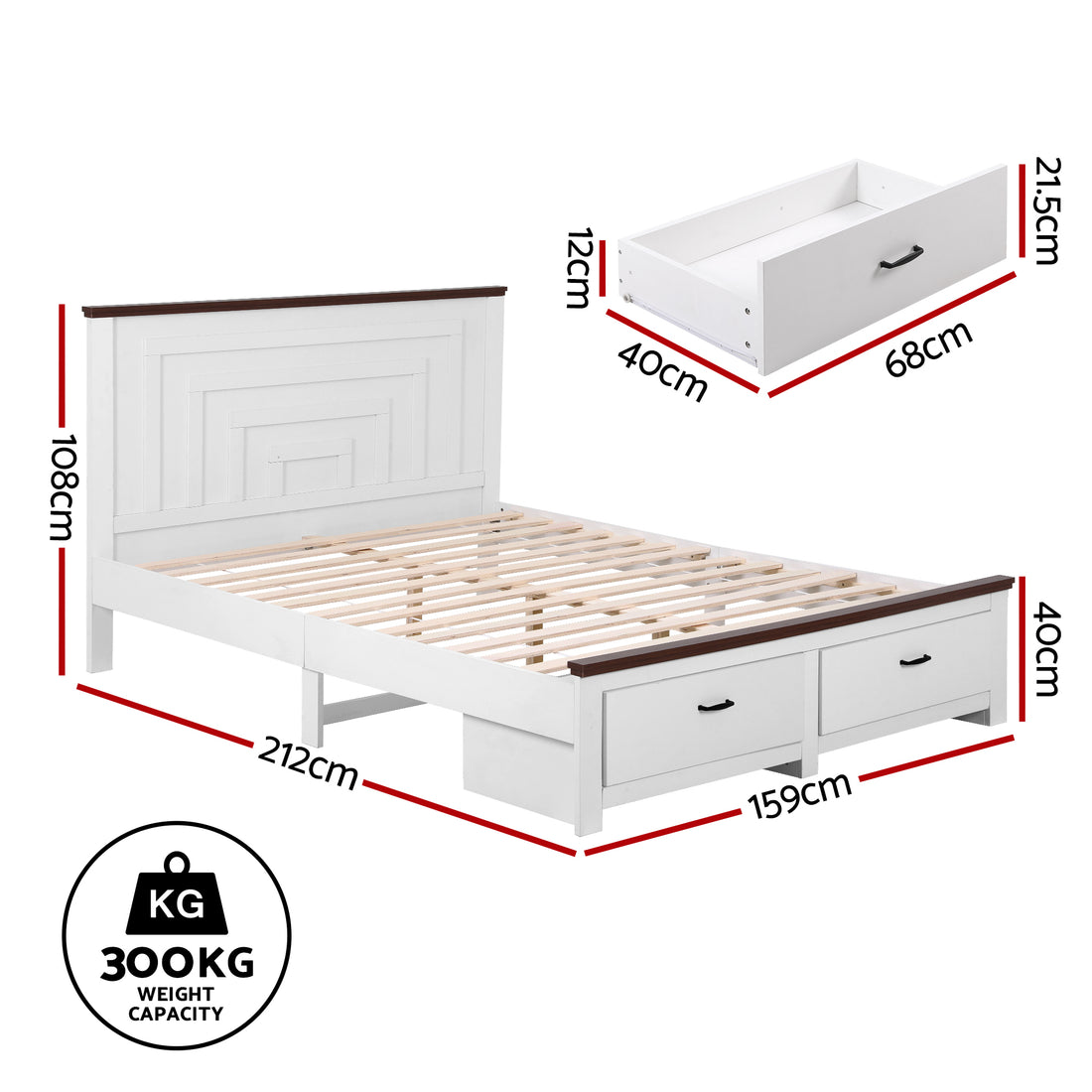 Artiss Wooden Queen Bed Frame 108cm Headboard White 2 Drawers 300kg