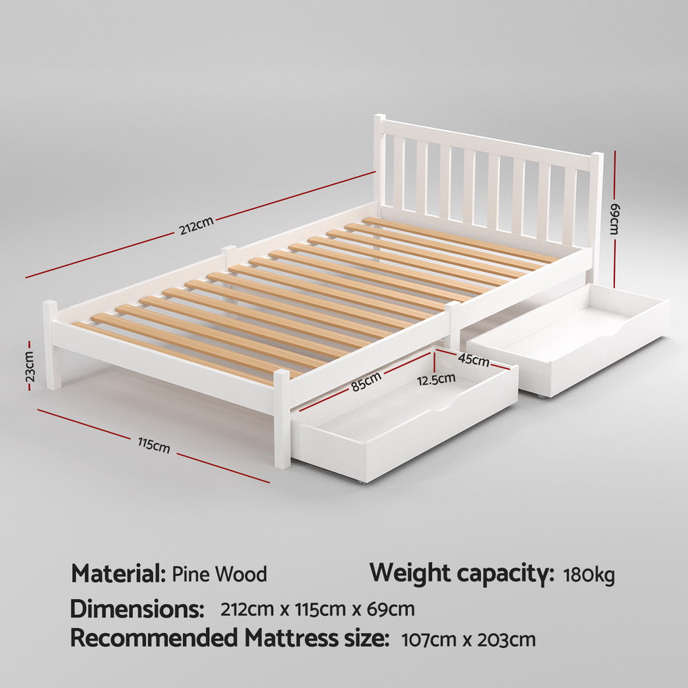 Artiss Sofie Pine Wood Bed Frame King Single White Storage Drawers
