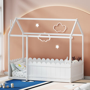 Artiss Kori Kids House Bed Frame Single White Pinewood