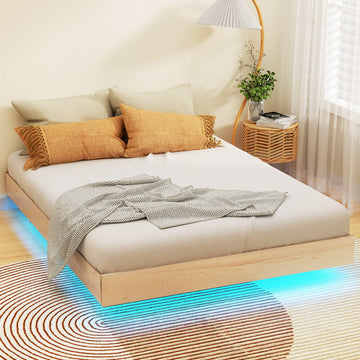 Artiss Floating Platform Bed with LED Lighting Queen Size Pinewood