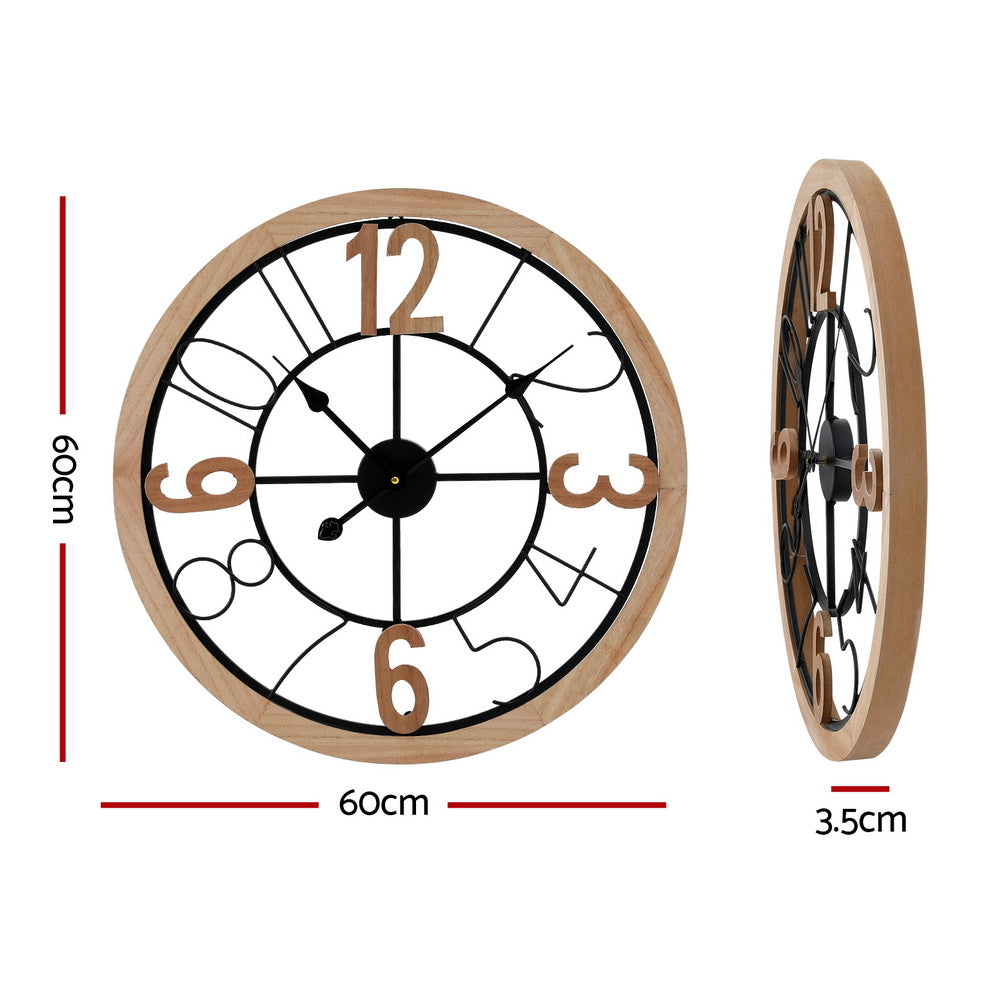 Artiss Silent Sweep Wall Clock 60cm Metal MDF Black and Pine