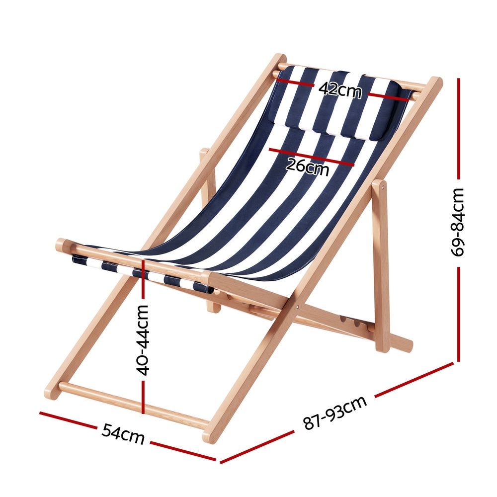 Gardeon Wooden Beach Sun Lounger Chair Blue Stripe
