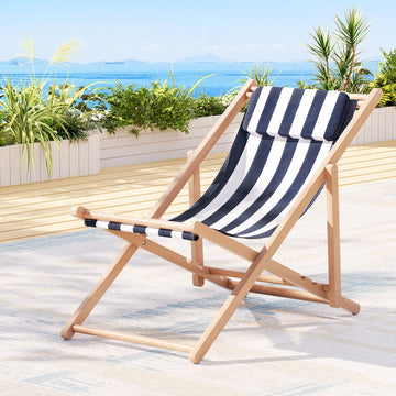 Gardeon Wooden Beach Sun Lounger Chair Blue Stripe