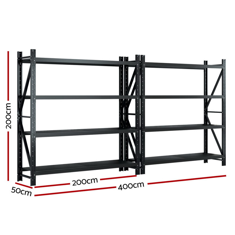 Giantz Heavy Duty Warehouse Storage Shelf Rack 4-Tier 200kg Black Steel 4M