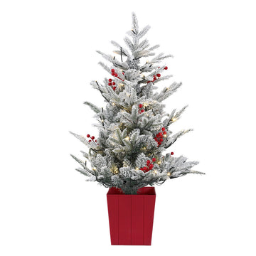 Jingle Jollys LED Potted Christmas Tree 100cm Red Berries Flocked