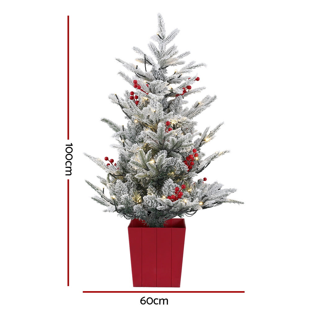 Jingle Jollys LED Potted Christmas Tree 100cm Red Berries Flocked
