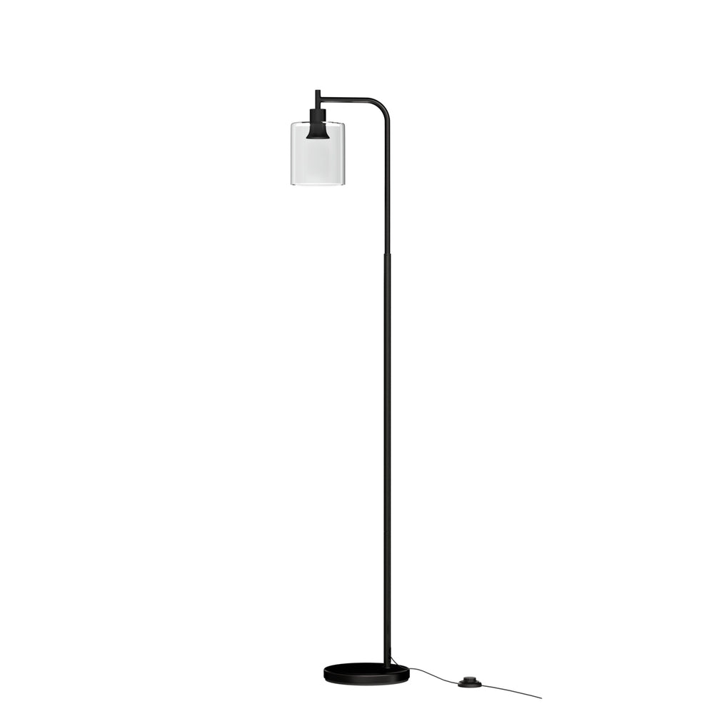 Black arc floor lamp with slim curved arm and clear cylindrical glass shade on round base, white background