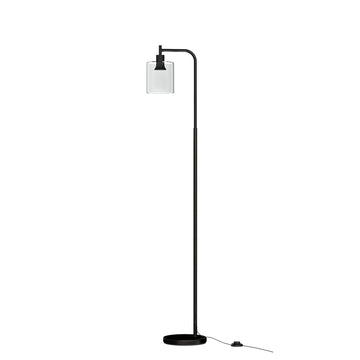 Black arc floor lamp with slim curved arm and clear cylindrical glass shade on round base, white background