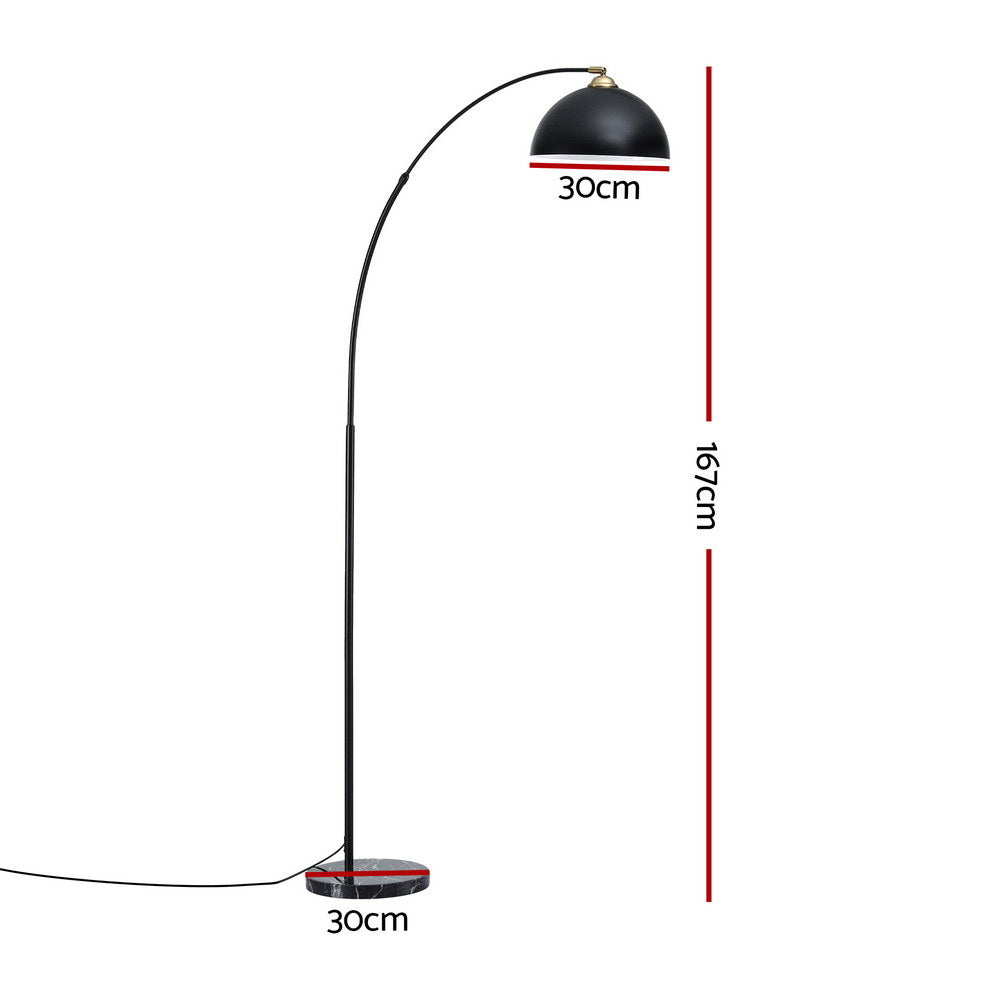 Arc floor lamp dimensions: 167cm total height, 30cm black dome shade, 30cm black marble base diameter