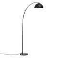 Black arc floor lamp with matte dome shade, brass fitting, and round marble base, full front view on white background