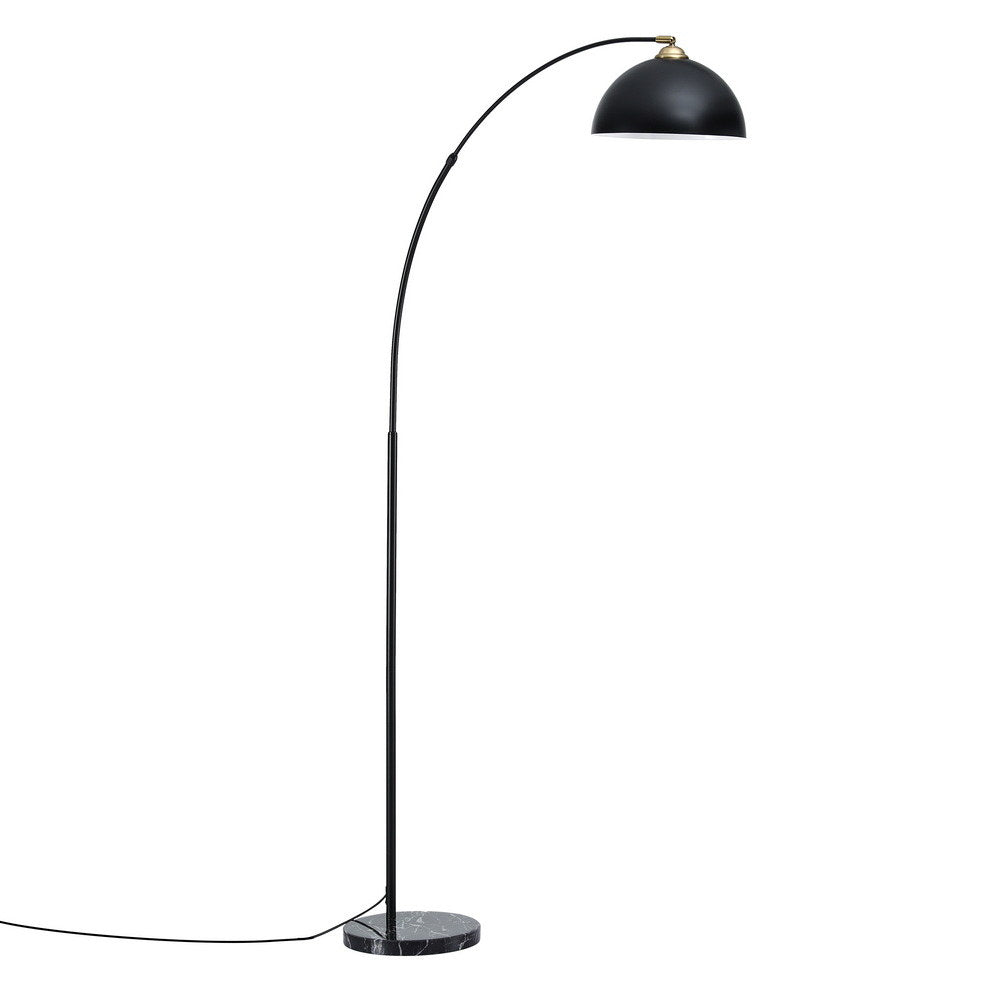 Black arc floor lamp with matte dome shade, brass fitting, and round marble base, full front view on white background