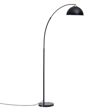 Black arc floor lamp with matte dome shade, brass fitting, and round marble base, full front view on white background