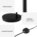 Three-panel infographic of black arc floor lamp showing metal pole, stable round base and foot switch close-ups
