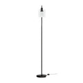 Black floor lamp with slim straight pole, clear cylindrical glass shade and round base on white background