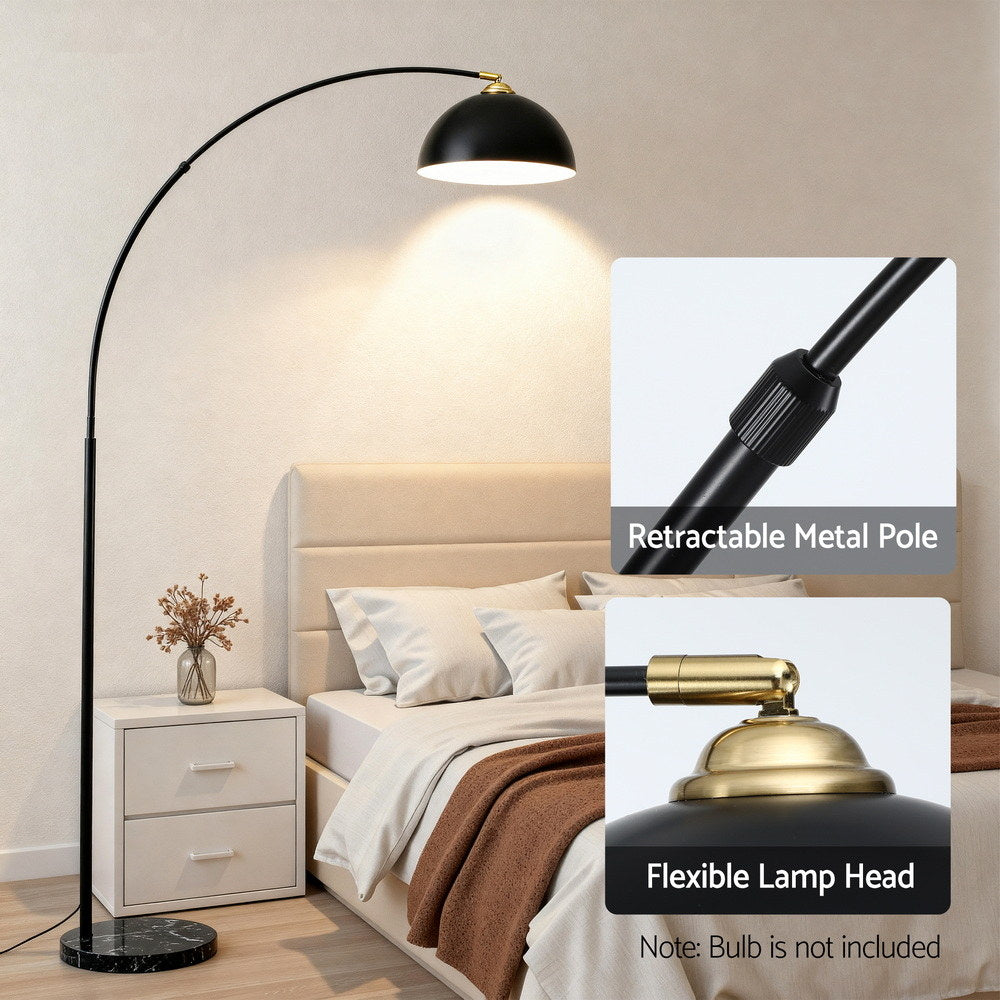 Arc floor lamp in bedroom with callouts: Retractable Metal Pole close-up and Flexible Lamp Head brass swivel fitting