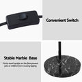 Detail panel: black inline cord switch and Stable Marble Base text with black marble round base close-up