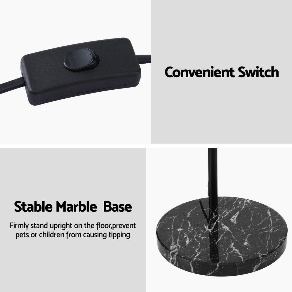Detail panel: black inline cord switch and Stable Marble Base text with black marble round base close-up