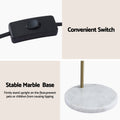 Detail panel: black inline cord switch labeled Convenient Switch and Stable Marble Base with white marble base close-up