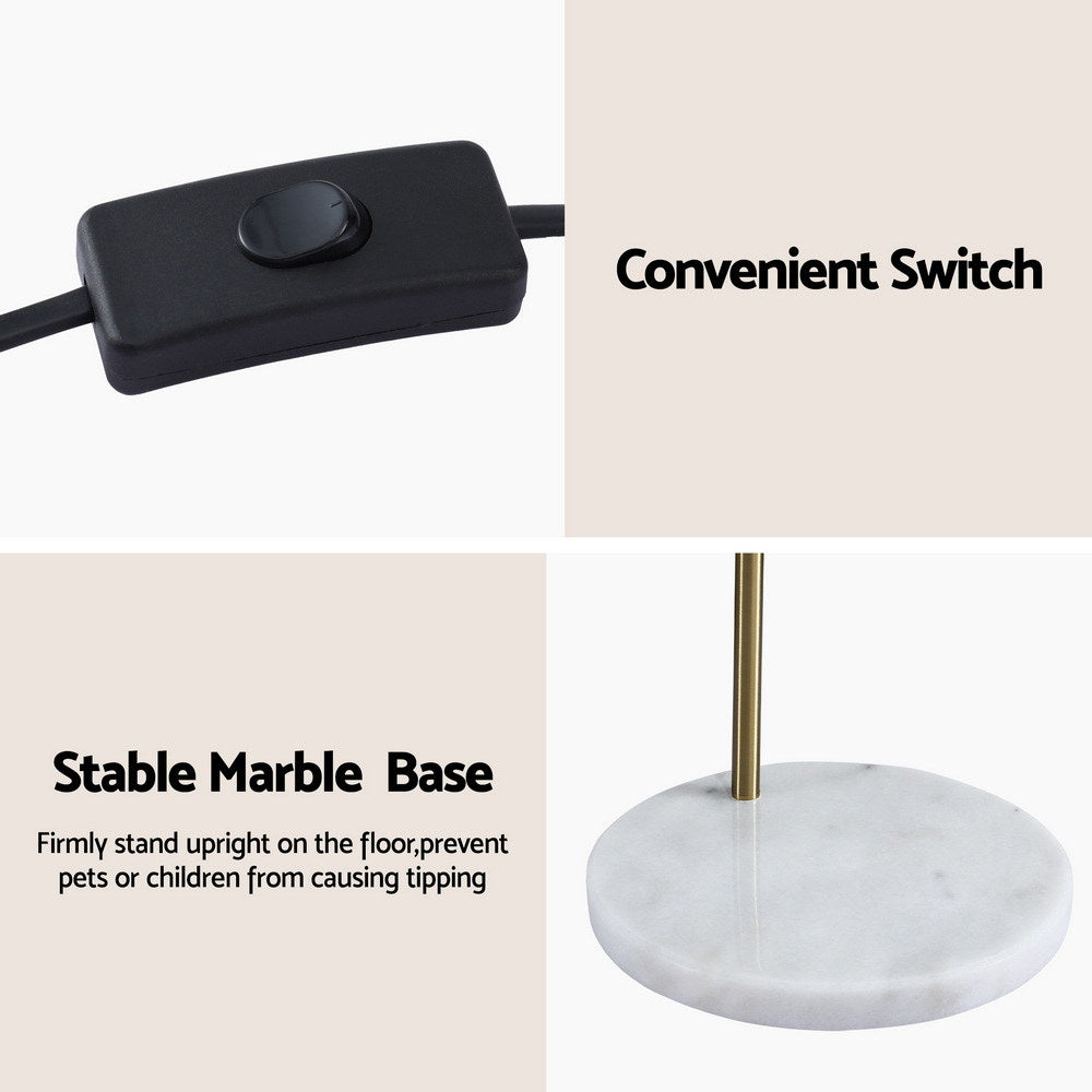 Detail panel: black inline cord switch labeled Convenient Switch and Stable Marble Base with white marble base close-up