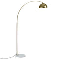 Arc floor lamp with gold dome shade and white marble base, full product view on white background