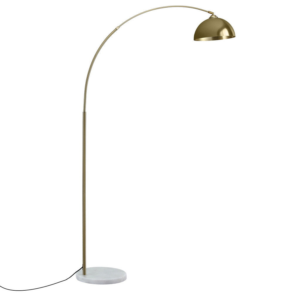 Arc floor lamp with gold dome shade and white marble base, full product view on white background