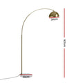 Arc floor lamp dimensions: 167cm total height, 30cm gold dome shade, 35cm white marble base diameter