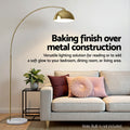 Feature banner Baking finish over metal construction with gold arc lamp and dome shade over a grey sofa with cushions