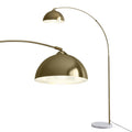 Arc floor lamp with large gold dome shade and white marble base, with detail view of shade interior from below