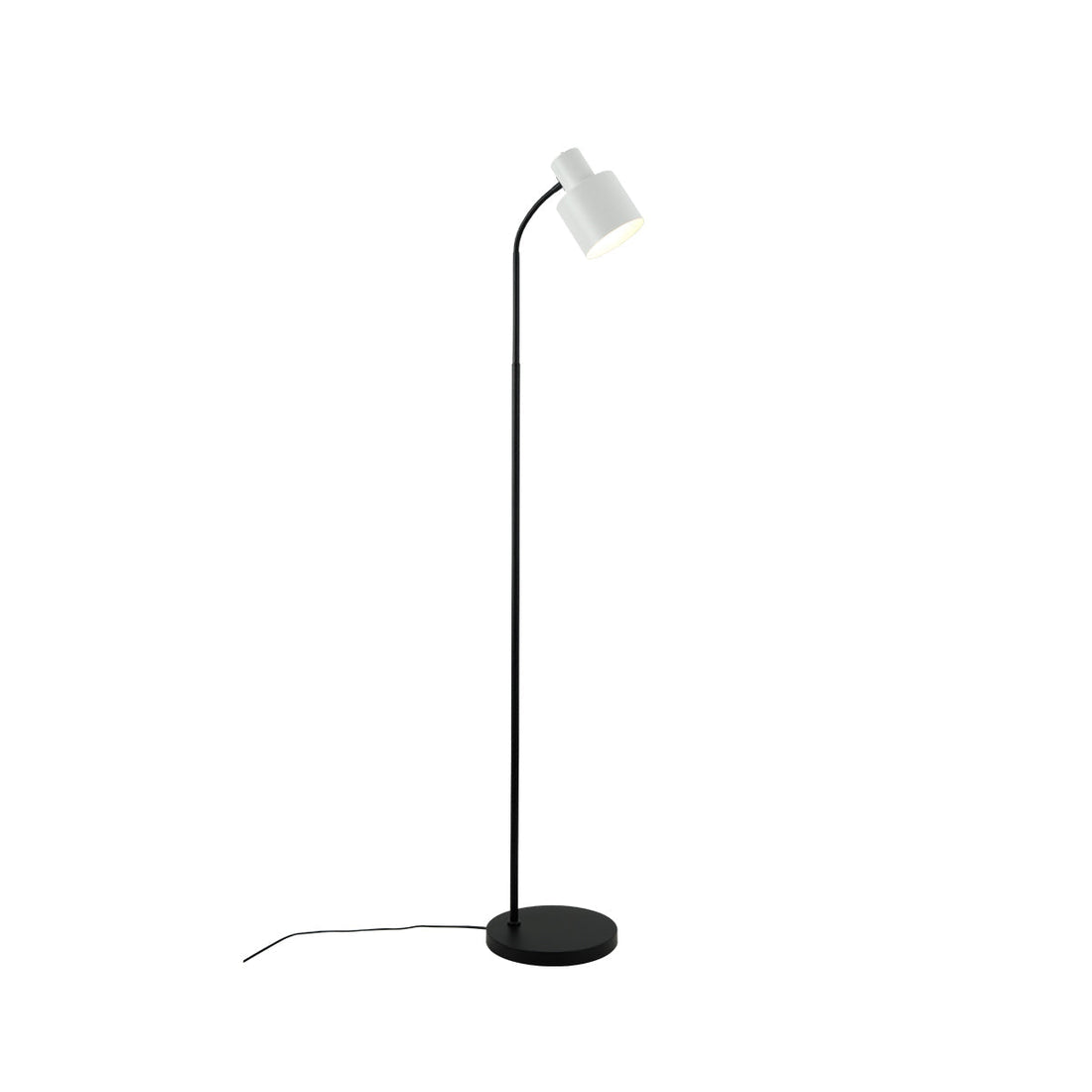 Floor reading lamp on white background, matte black curved stem and round base, white cylindrical adjustable spotlight head