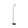 Floor reading lamp on white background, matte black curved stem, white cylindrical spotlight head lit with warm glow visible