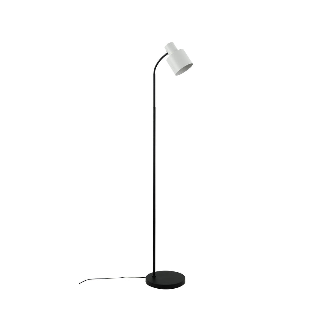 Floor reading lamp on white background, matte black curved stem and round base, white cylindrical adjustable spotlight head