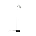 Floor reading lamp on white background, matte black curved stem and round base, white cylindrical adjustable spotlight head