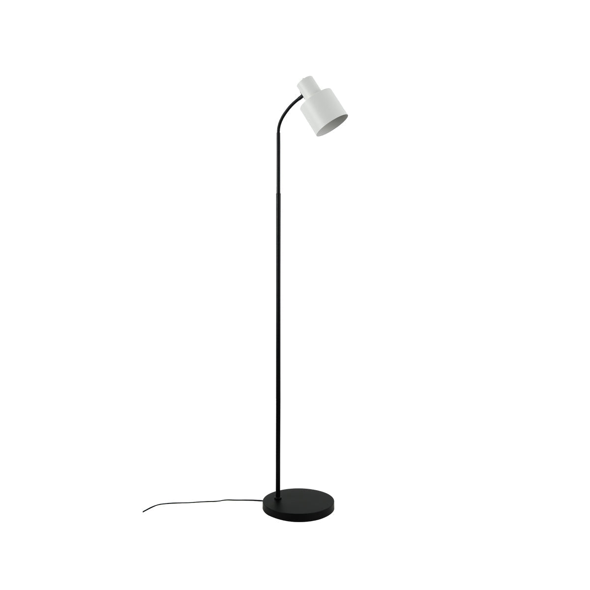 Floor reading lamp on white background, matte black curved stem and round base, white cylindrical adjustable spotlight head