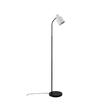 Floor reading lamp on white background, matte black curved stem and round base, white cylindrical adjustable spotlight head