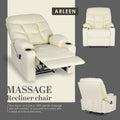 Arleen cream PU leather massage recliner in three views: reclined with cup holders and remote, front and side upright