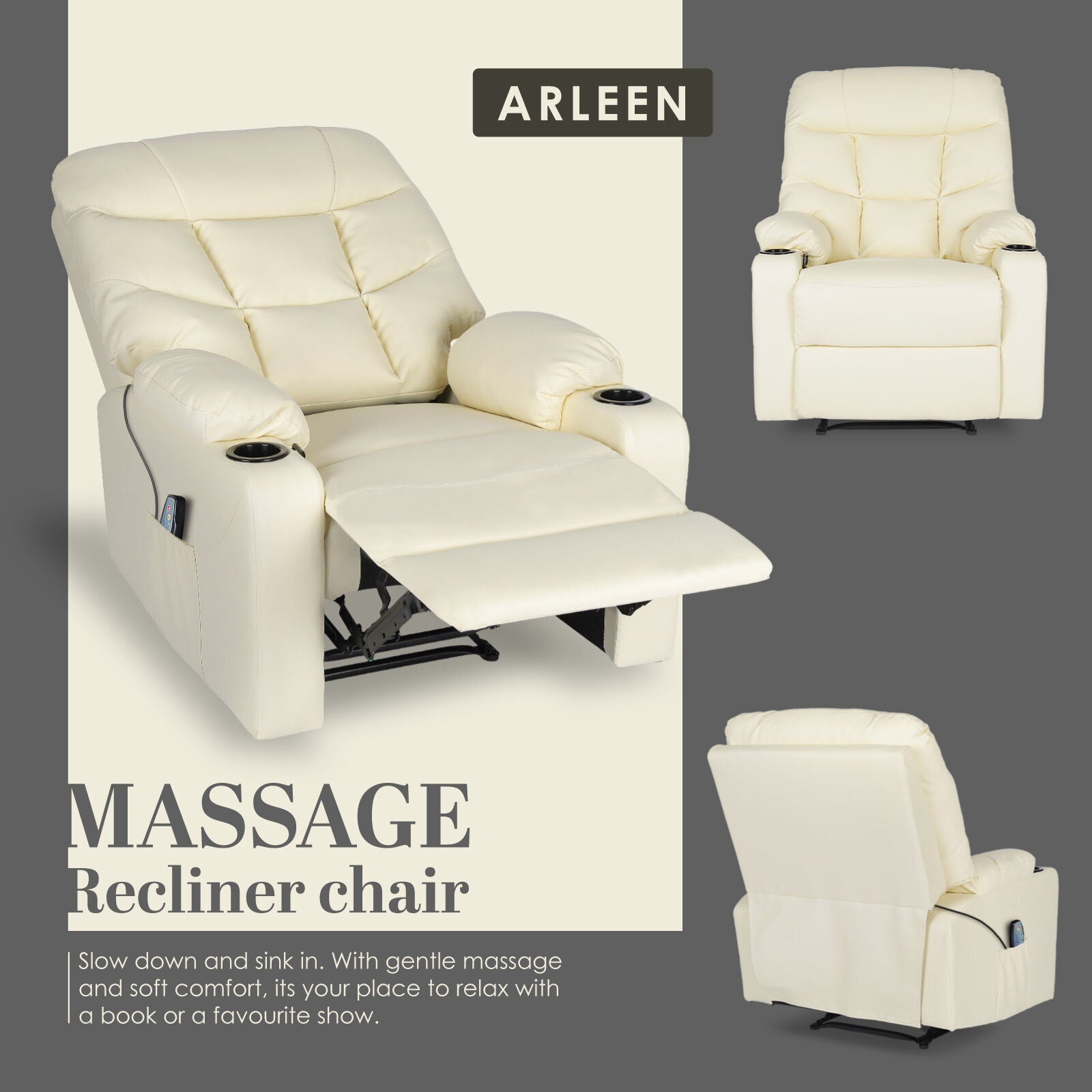 Arleen cream PU leather massage recliner in three views: reclined with cup holders and remote, front and side upright