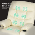 Cream tufted PU leather recliner backrest with 8 green massage zone indicators, cup holder visible, text 