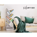 Artiss white 7-tier tree bookcase filled with colourful books in Scandinavian living room with green throw and wood sofa
