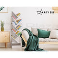 Artiss white 9-tier tree bookcase filled with colourful books in Scandinavian living room with green throw and wood sofa
