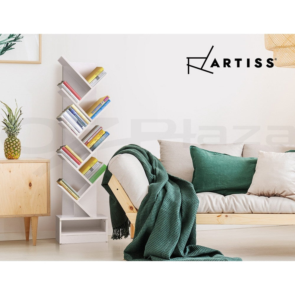 Artiss white 9-tier tree bookcase filled with colourful books in Scandinavian living room with green throw and wood sofa