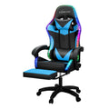 Artiss black and blue LED massage gaming chair angled view with footrest extended and RGB lighting active
