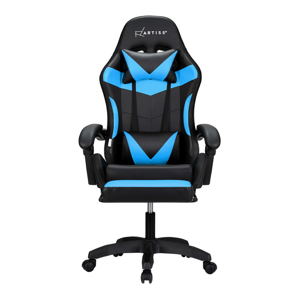 Artiss black and blue LED massage gaming chair front view with headrest pillow and lumbar cushion